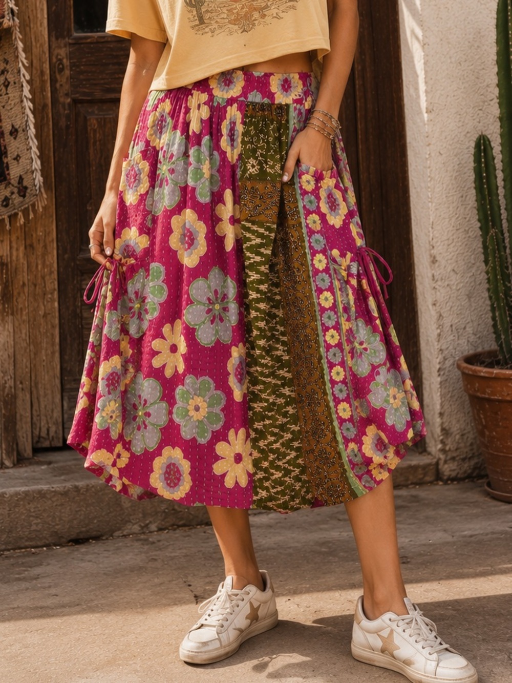 She’s1Oak One of a Kind Kantha Midi Skirt Pink Floral Boho O/S